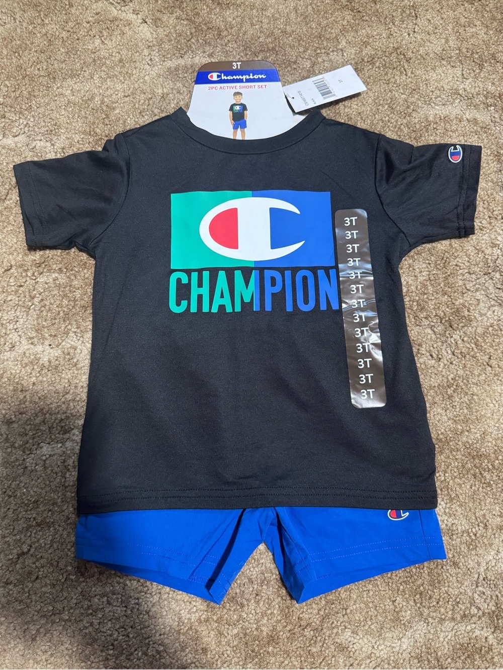 Champion Black Tee with Multicolor Logo & Blue Shorts Set